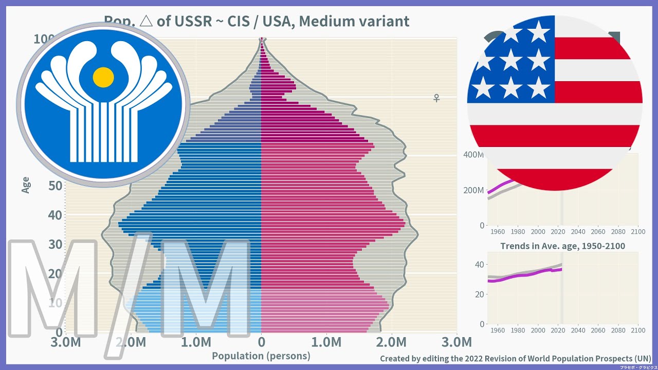 [☭⚪USSR ~ CIS vs 🇺🇸USA] Comparison of Population Pyramids (1950-2100) / 2022, Medium