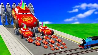 Big & Small Lighting Mcqueen and ThomasFriend with canned Wheels vs Train | BeamNG.Drive