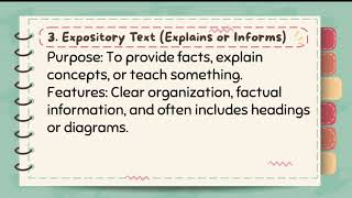 Text types (Narrative, Descriptive, Expository, Persuasive, Procedural)