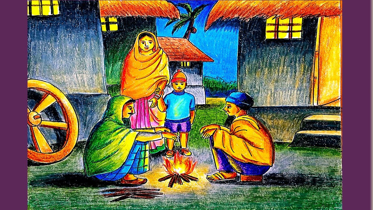 How to draw village winter night scenery step by step/Winter season