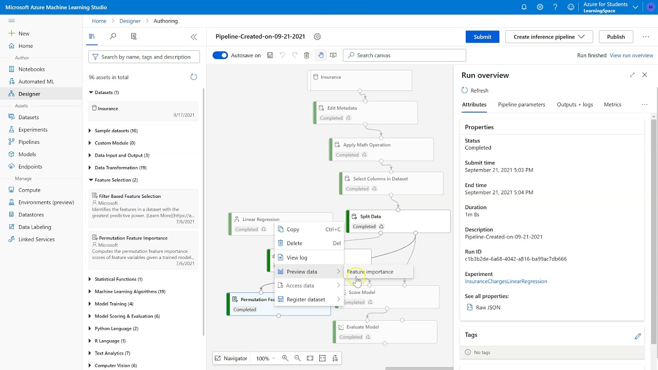 New Azure ML Studio: Permutation Feature Importance
