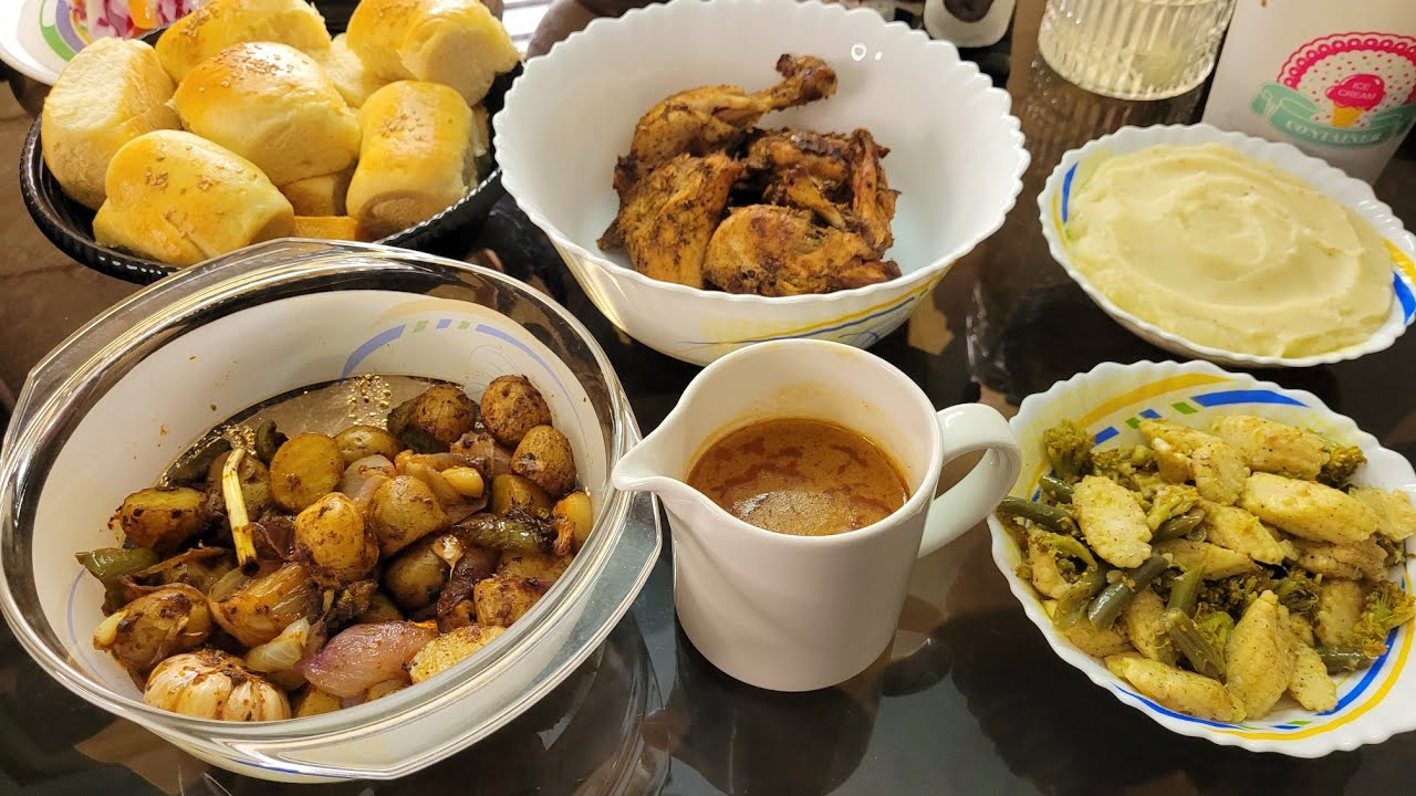 continental-meal-roasted-chicken-veggies-mashed-potato-brown-gravy