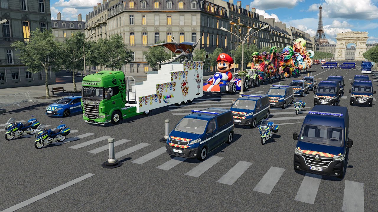 Défilé du carnaval de Paris entouré par la police et la gendarmerie | Farming Simulator 19