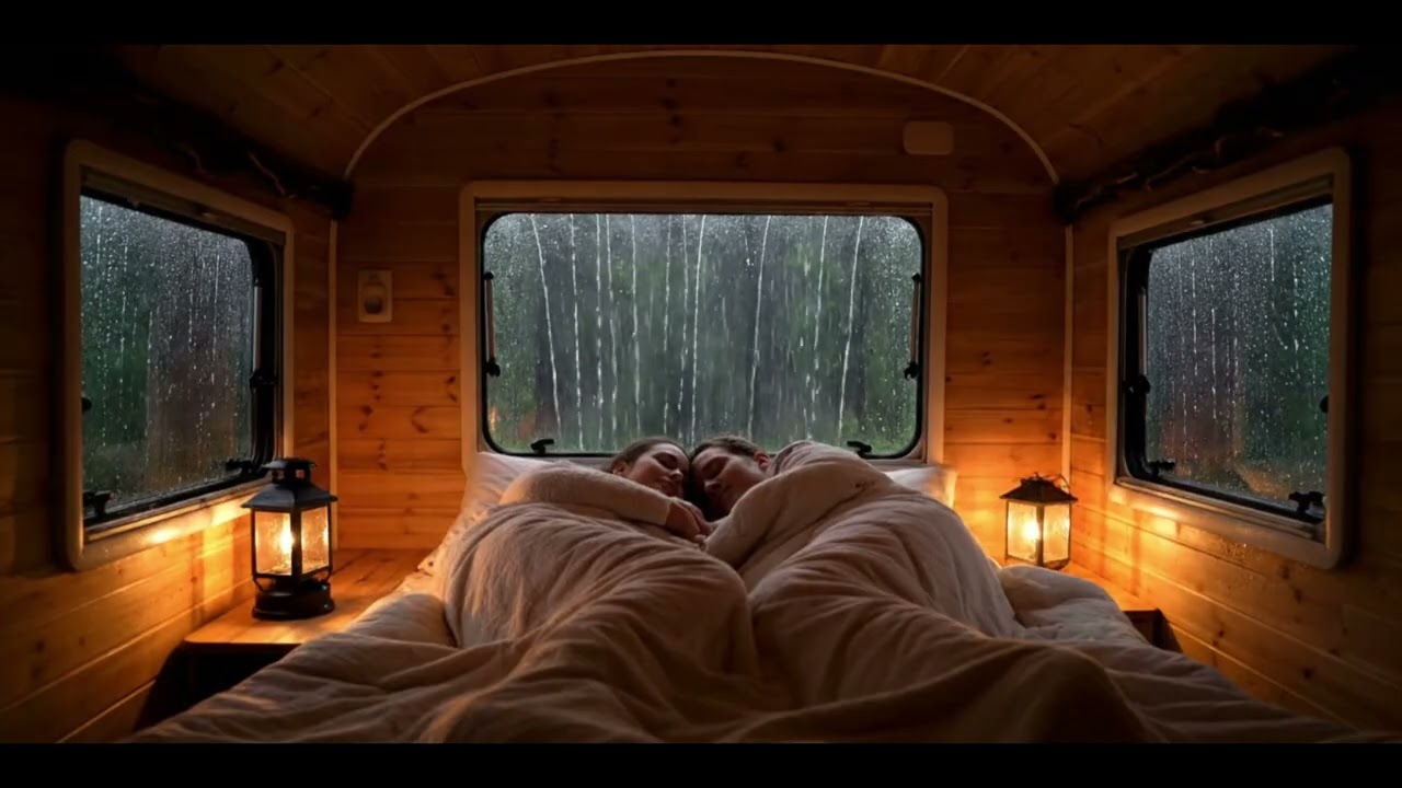Relaxing Rain Sounds - Cozy caravan at night during a heavy rainstorm