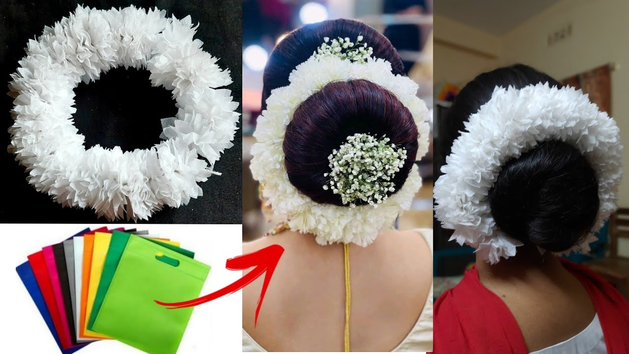 Shopping bag gajra|শপিং ব্যাগ দিয়ে গাজরা বানানো|shopping bag diye ghopar ful banano|Khadija's craft