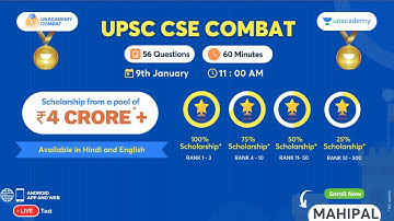 Unacademy UPSC CSE Combat every Sunday at 11:00 AM. Score more, win more. Use Code "MAHIPAL"