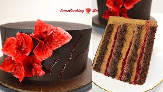 Chocolate cake with raspberries | Moist chocolate sponge cake, chocolate mousse | LoveCookingRu