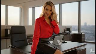 Blonde Secretary Teasing in Red Satin Blouse and Leather Skirt