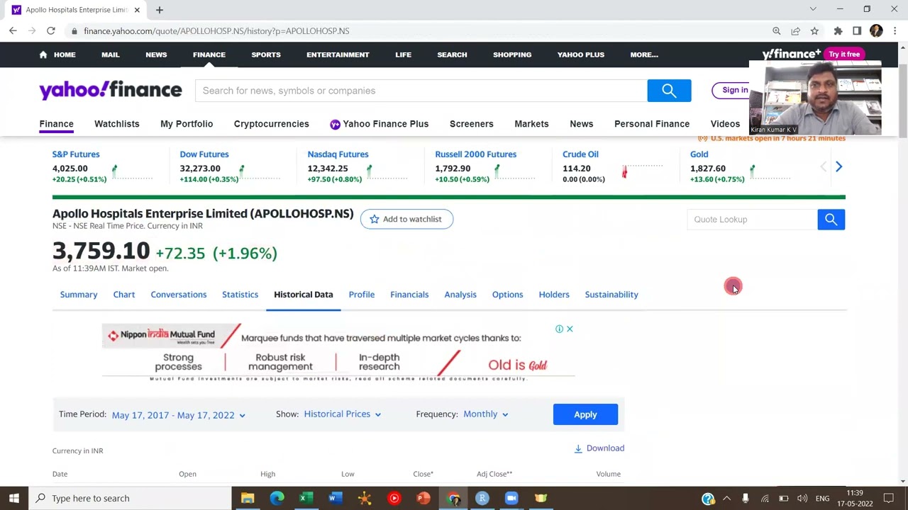 Stock Risk-Return Calculations | Collecting Stock Price Data | Excel | MBA | Self Learning