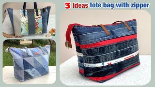 : 3 ideas denim tote bag with zipper from scrap old jeans,old jeans reuse ideas,tote bag with zipper