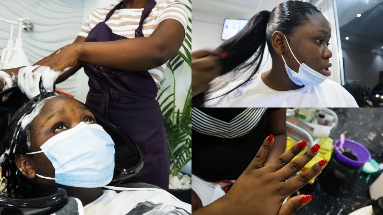RELAXED HAIR SALON WASH DAY & STYLING HAIR & NAILS SALON VLOG LIFE
