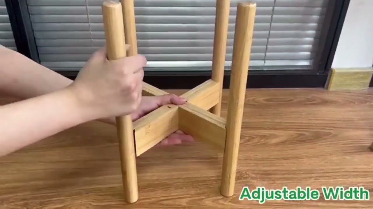 Eco-Friendly Mid-Century Modern Adjustable Wood & Bamboo Plant Stand | Safe Packaging Showcase