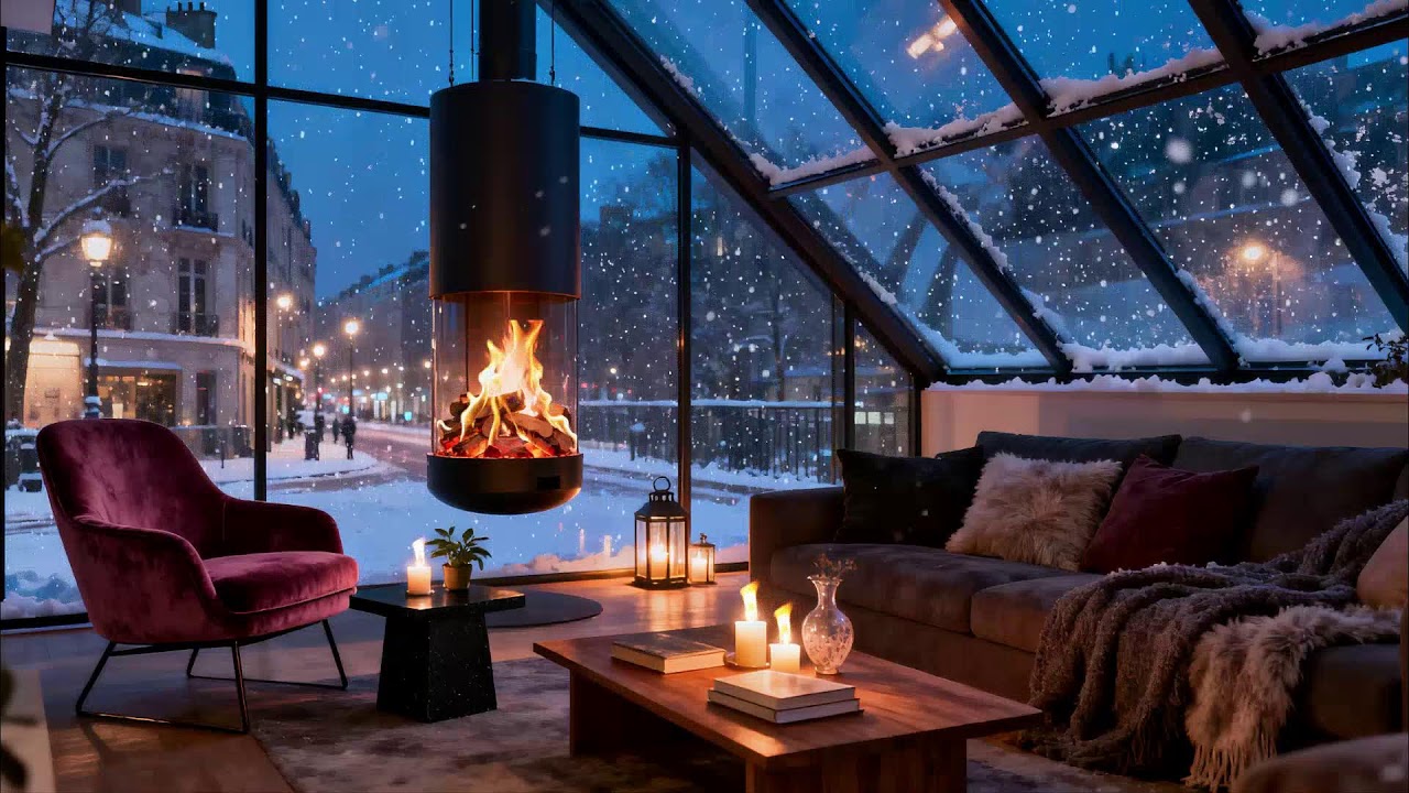 Snowy Night Reflections in the City 🔥 Modern Lounge Fireplace