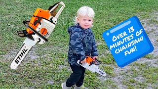His first Stihl chainsaw | Fun Chainsaw Compilation for Kids