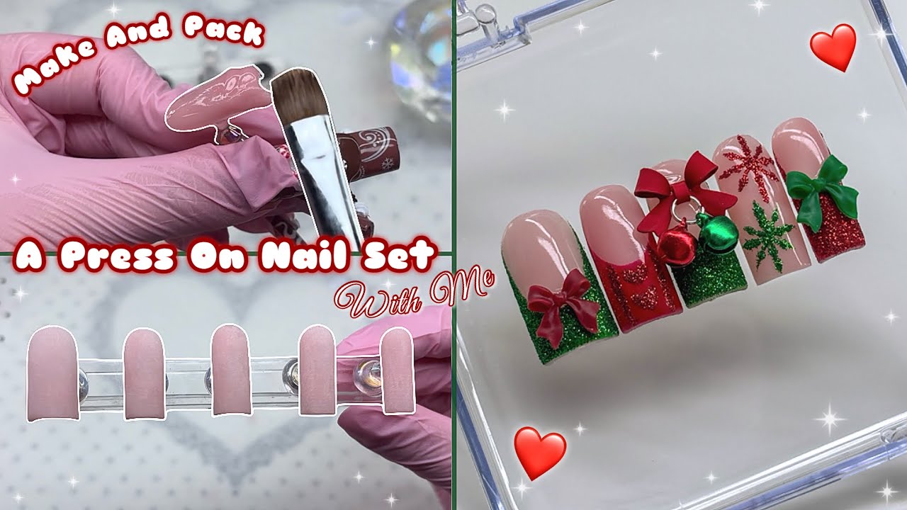 MAKE AND PACK A PRESS ON NAIL SET WITH ME! POLYGEL PRESS ON NAIL TUTORIAL + EASY CHRISTMAS NAIL ART!