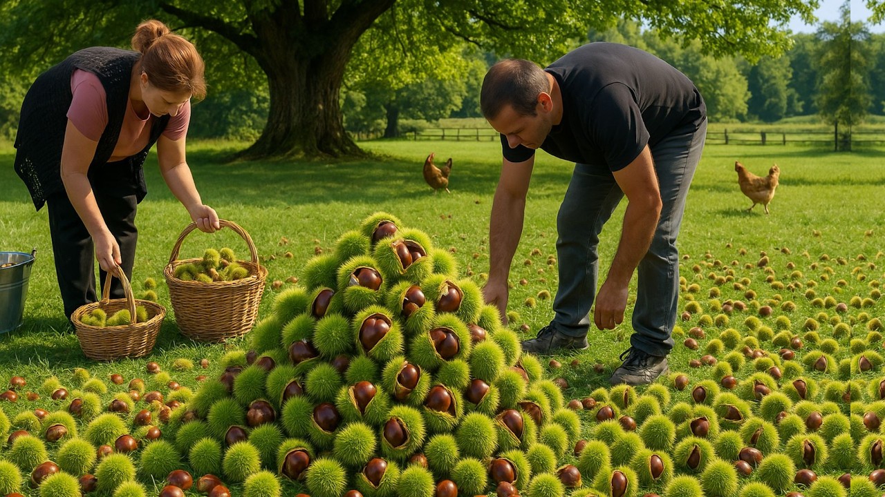 🌰Житель деревни собирает и чистит дикие каштаны, готовит на огне рыбу, фаршированную каштанами