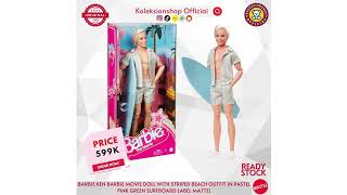 Barbie Ken Barbie Movie Doll with Striped Beach Outfit in Pastel Pink Green Surfboard Label Mattel