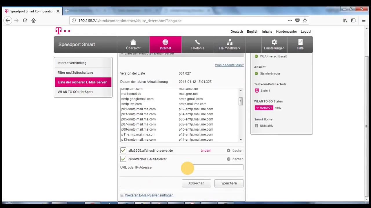 Sichere E-Mail Server im Speedport Smart eintragen - YouTube