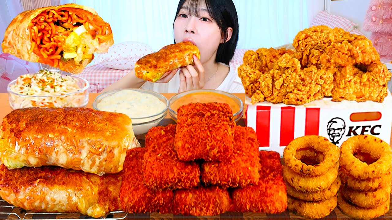 ASMR MUKBANG| 직접 만든 불닭 치즈 부리또 칠리스 치즈스틱 후라이드 치킨 먹방 & 레시피 FRIED CHICKEN AND FIRE NOODLES EATING