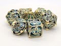 Old School 7 Piece DnD RPG Metal Dice Set: Hollow All Seeing Eye Dice - Gold w/ Blue