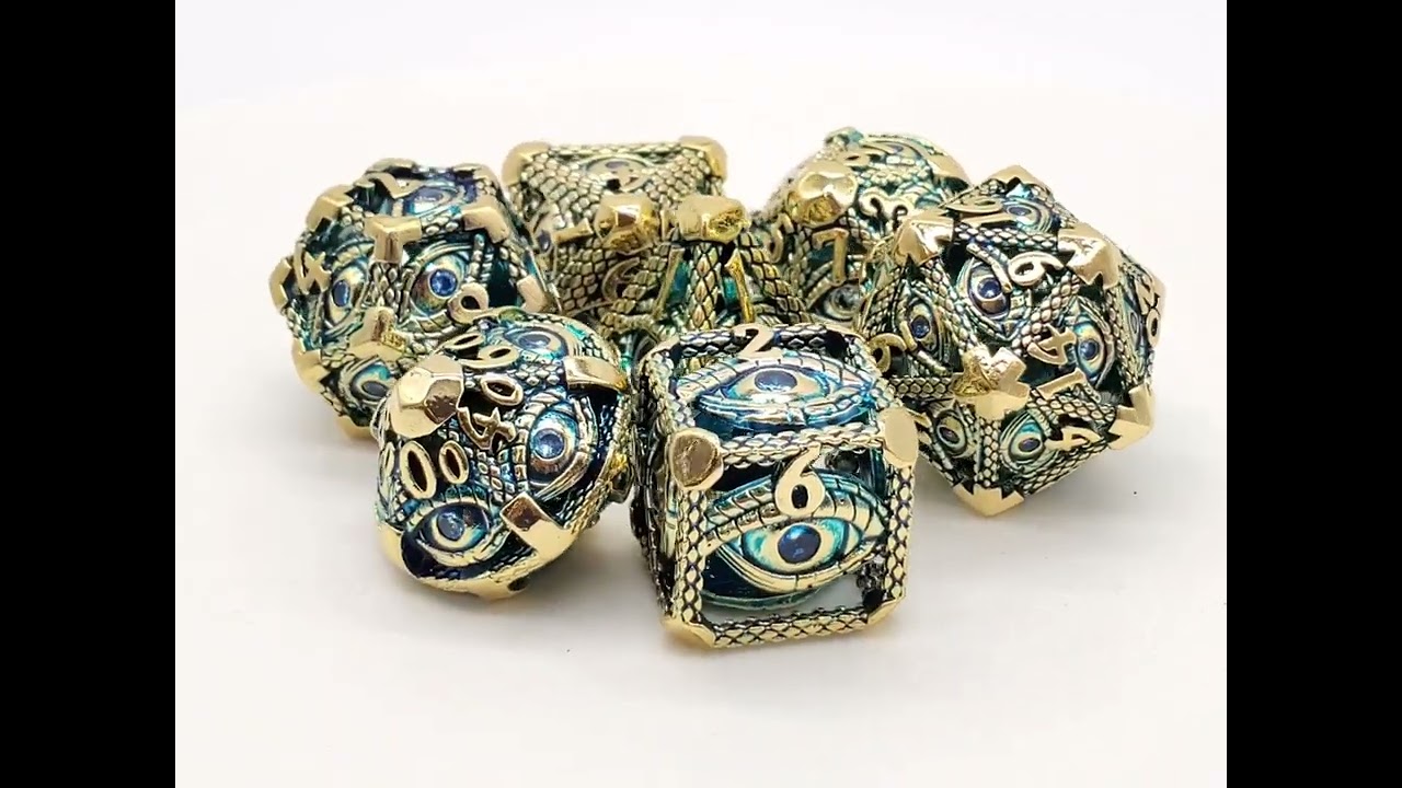 Old School 7 Piece DnD RPG Metal Dice Set: Hollow All Seeing Eye Dice - Gold w/ Blue