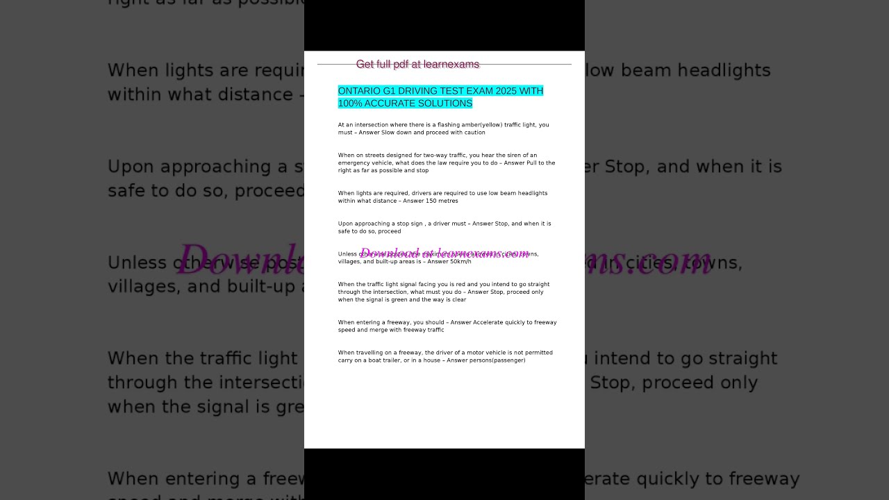 ONTARIO G1 DRIVING TEST EXAM 2025 WITH 100 ACCURATE SOLUTIONS QUESTIONS AND ANSWERS
