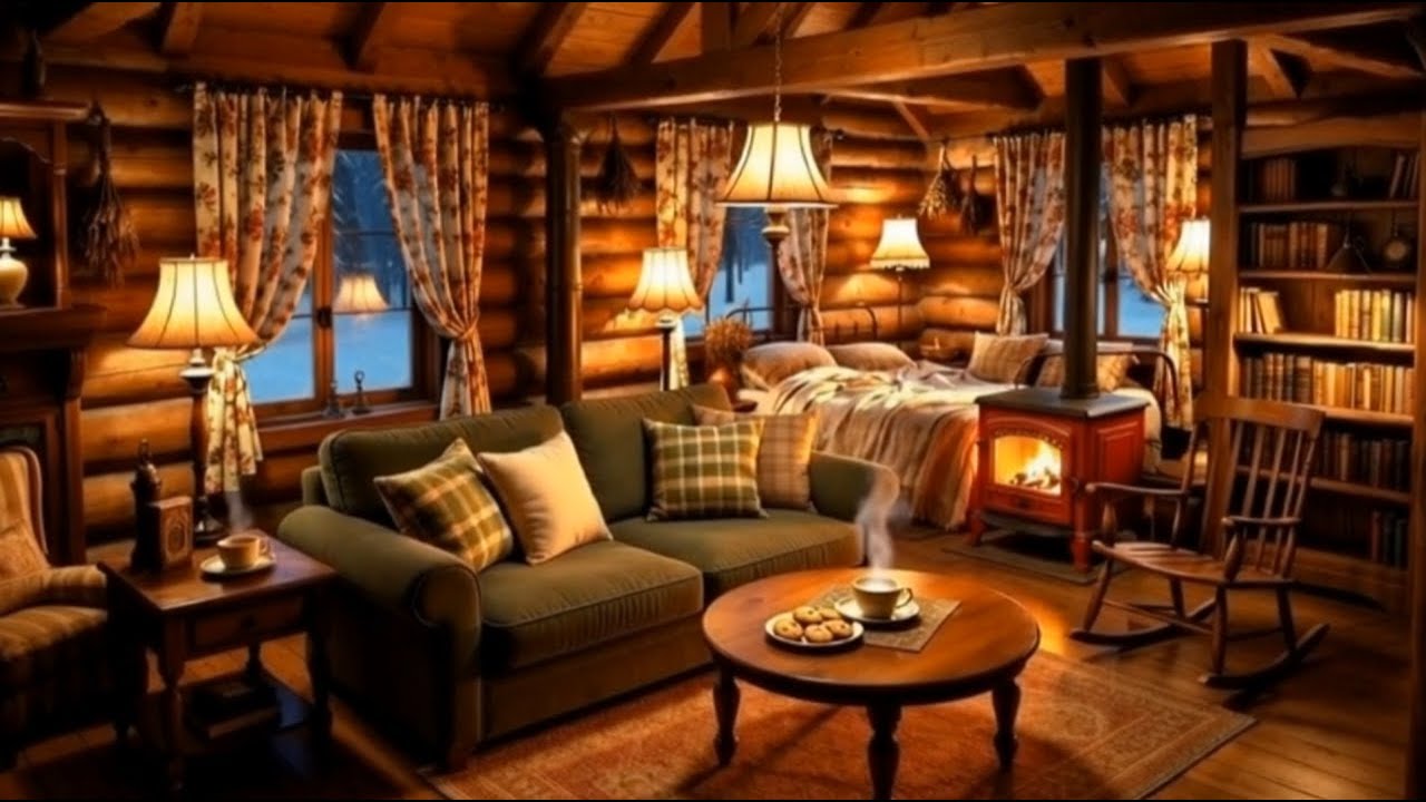 Cozy Log Cabin Ambience with Crackling Fireplace
