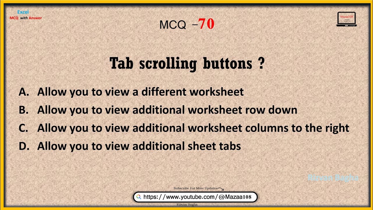 Tab scrolling buttons , Excel MCQ 70 , Most Important MCQ 70