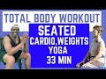 Total Body Chair Workout: 10 Min Seated Cardio, 10 Min Lifting Weights 10 Min Yoga Stretch.