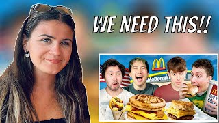 British Girl Reacts | Brits try American McDonald's Breakfast for the first time! (ft Ryan & Steven)