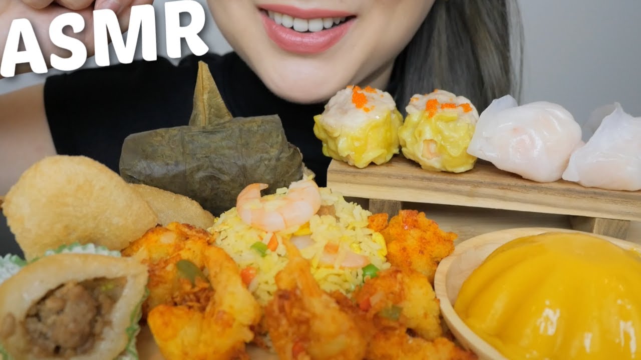 ASMR Chinese FOOD *Spicy  Fried shrimp, Yangchow Fried Rice, Pork & Shrimp Dumpling & Mango Pudding