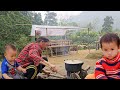 Mom cooks with her two children practices walking and grows corn with her