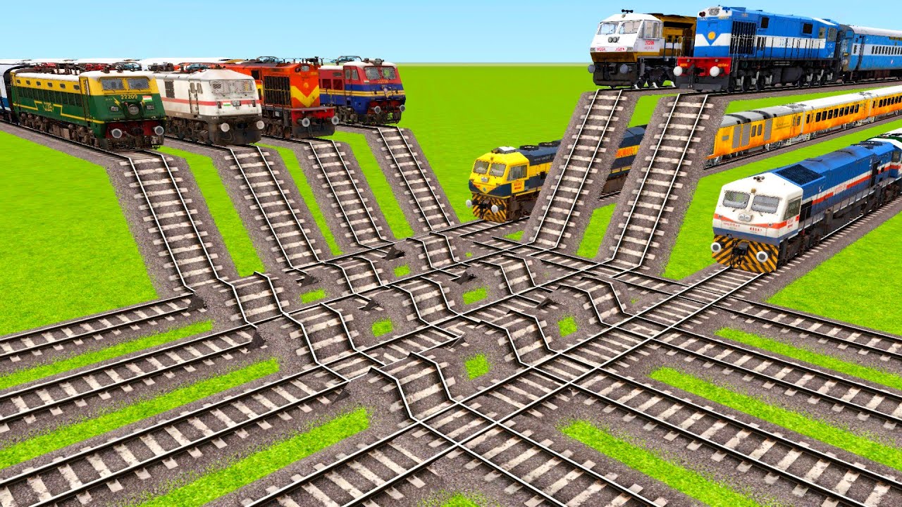 8 TRAINS FACE TO FACE CROSSING ON CRAZY SPEED BUMPS & HIGH PLACE RAILROAD TRACKS|▶️ Train simulator|