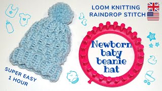 Loom knit NEWBORN BABY hat with raindrop stitch  SUPER EASY (1 hour!)  ENGLISH TUTORIAL