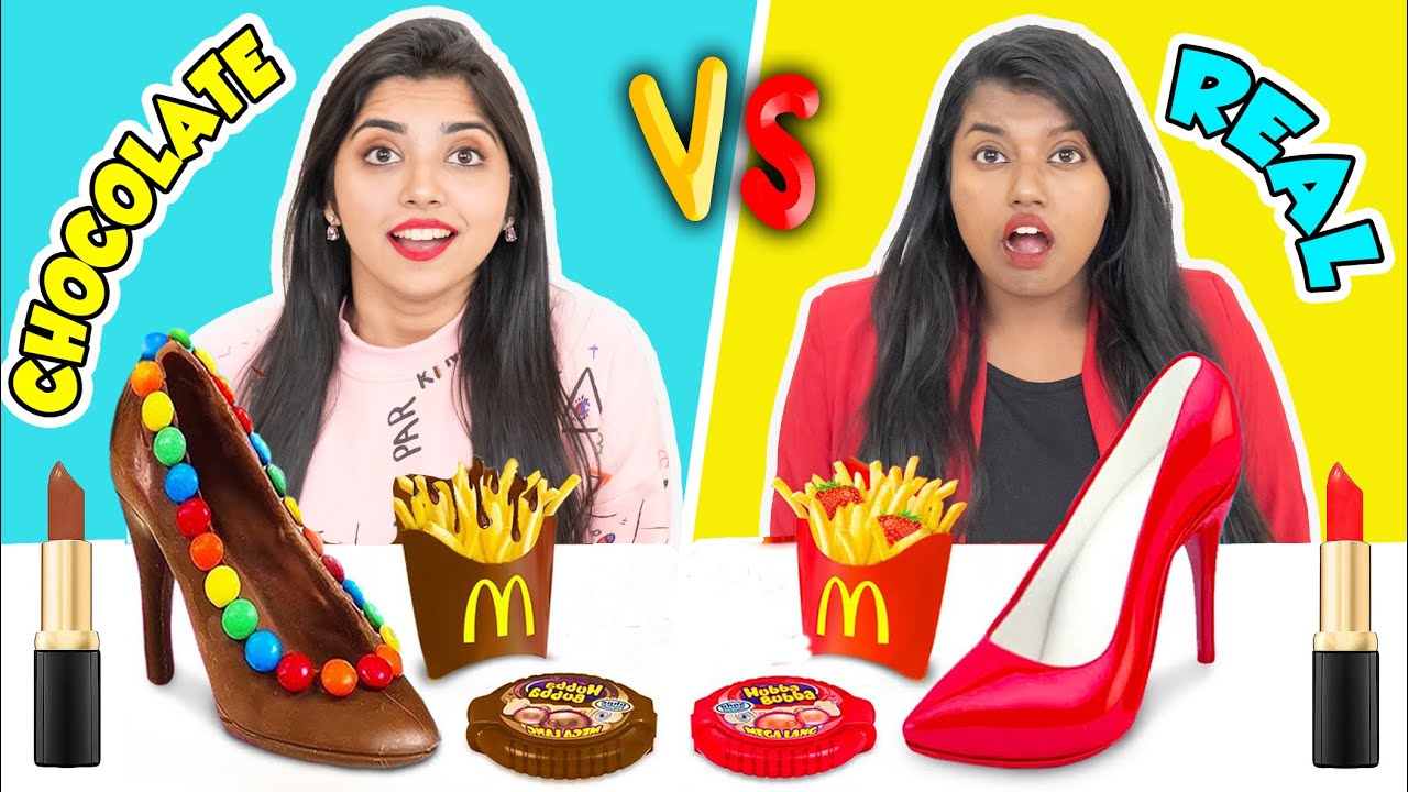 REAL VS CHOCOLATE FOOD CHALLENGE | RAMYA VASUDEV