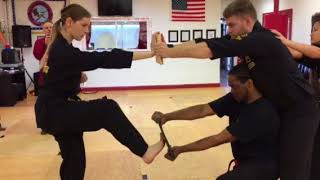 Dual board break with palm strike and front snap kick