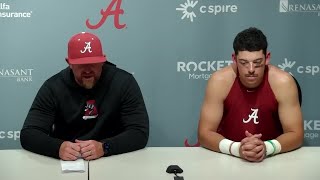 Head coach Rob Vaughn, Bryce Fowler react after Alabama's 3-2 win against Auburn
