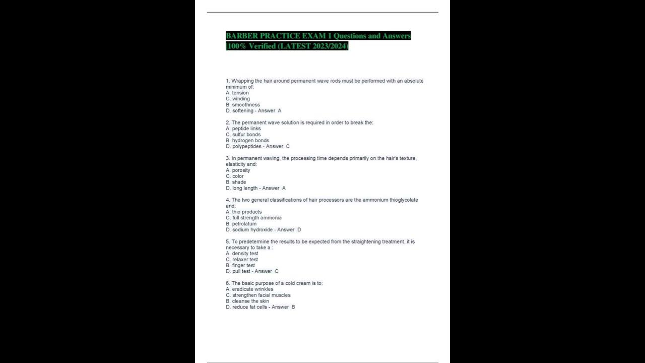 BARBER PRACTICE EXAM 1 QUESTIONS AND ANSWERS 100 VERIFIED LATEST 2023