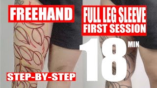 Full Leg Sleeve Tattoo: First Session Botanical Blackwork (Leaves)