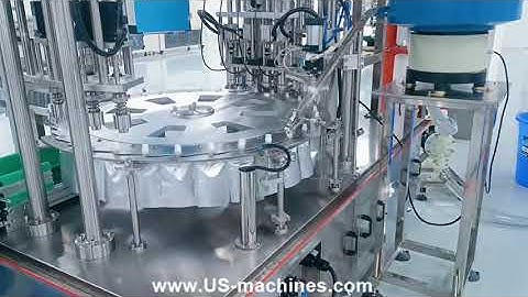 4 nozzles premade bag liquid rotary filling capping machine testing video