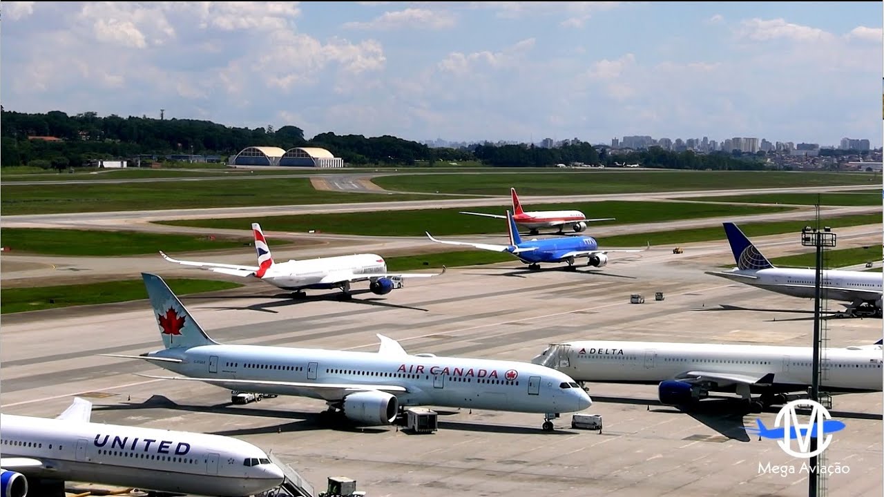 Aeroporto de Guarulhos Com Movimento Intenso e Gigantesco  Aviões Decolando e Pousando Sem Parar✔