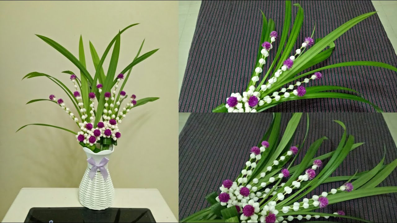 ดอกไม้ถวายพระ ใส่แจกัน ใบเตย ดอกพุด ดอกบานไม่รู้โรย