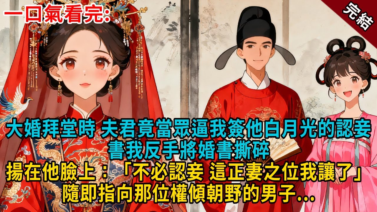 大婚拜堂時，夫君竟當眾逼我簽他白月光的認妾書。我反手將婚書撕碎，揚在他臉上：「不必認妾，這正妻之位我讓了」隨即指向那位權傾朝野的男子...#古言 #完結 #大女主 #愛情