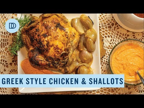Greek Style Roasted Chicken with Shallots & Red Pepper Sauce (Tirokafteri)