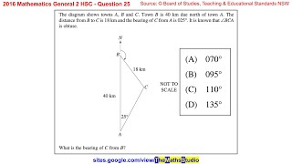 2016 Maths General 2 HSC Q25 Find true bearing of a point given diagram using the sine rule