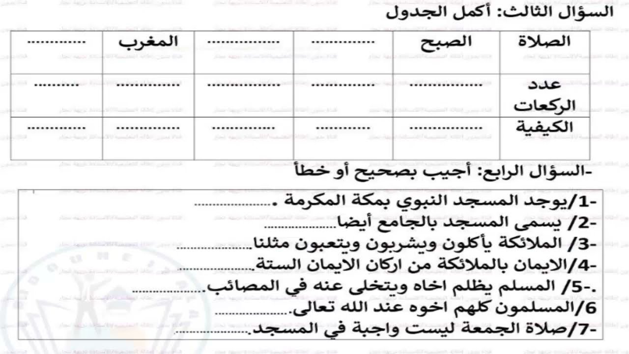 موضوع مقترح في التربية الاسلامية السنة الثالثة ابتدائي الفصل الثاني موضوع 1