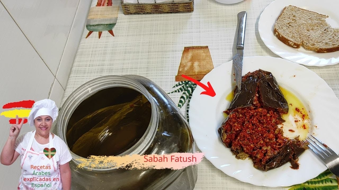 Makdus . Berenjena encurtidas rellenas de nueces y pimiento rojo. Auténtica JOYA Siria