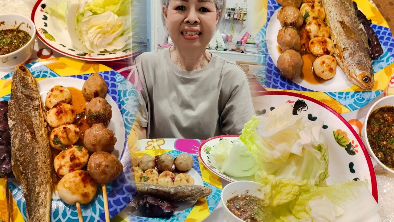 กินข้าวเหนียวกับปิ้งตับไก่ปลากระบอกทอดลูกชิ้นหมูปิ้ง#ป้ามัย 