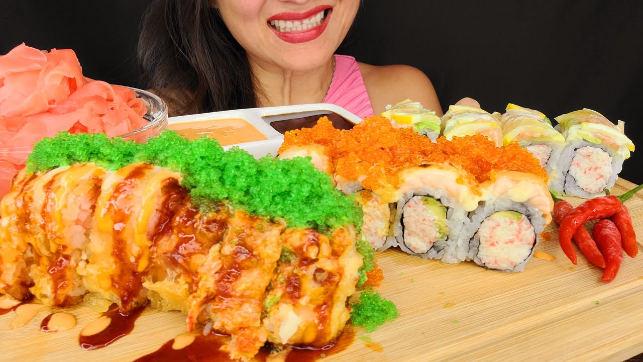 EATING SUSHI ASMR MUKBANG EATING NOISES BIG BITES NO TALKING