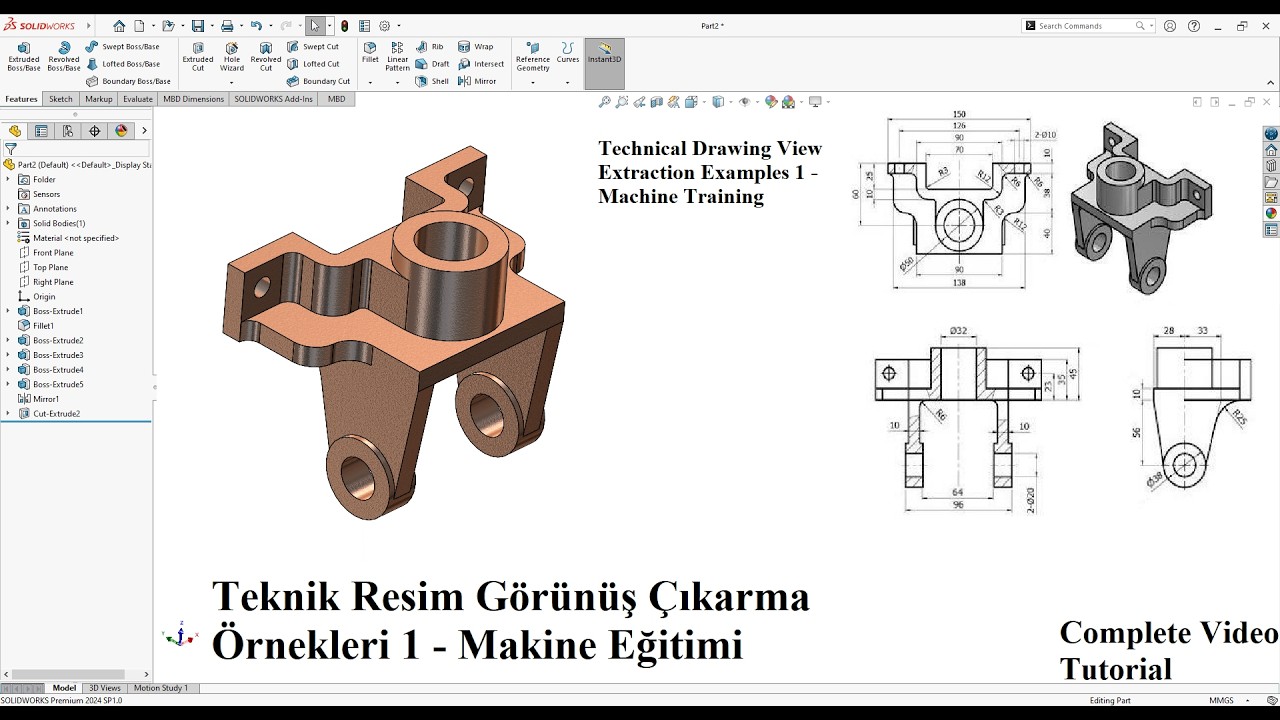 How to make Teknik Resim Görünüş Çıkarma Örnekleri 1 - Makine Eğitimi in Solidworks, Video Tutorial